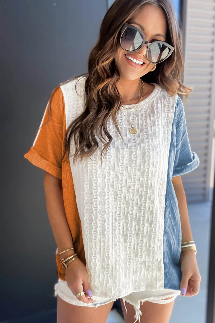 Textured Color Block Loose Fit T Shirt