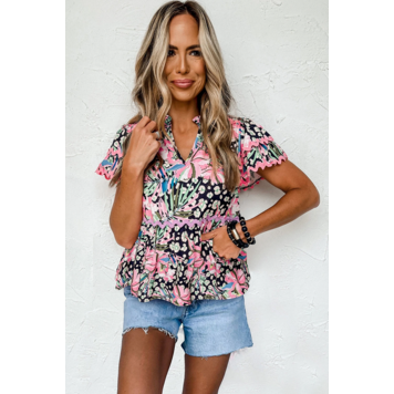 Ricrac Floral Tiered Short Sleeve Blouse