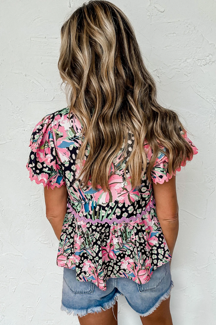 Ricrac Floral Tiered Short Sleeve Blouse