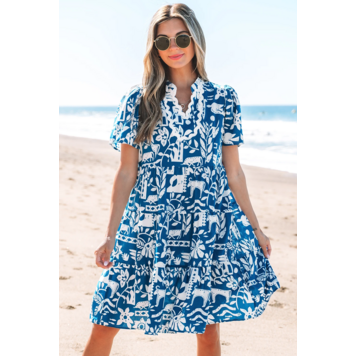 Ricrac Trim Split Neck Floral Loose Dress