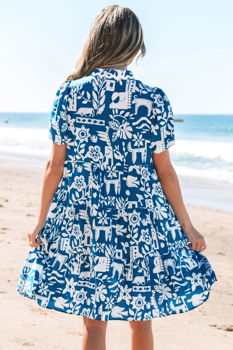 Ricrac Trim Split Neck Floral Loose Dress