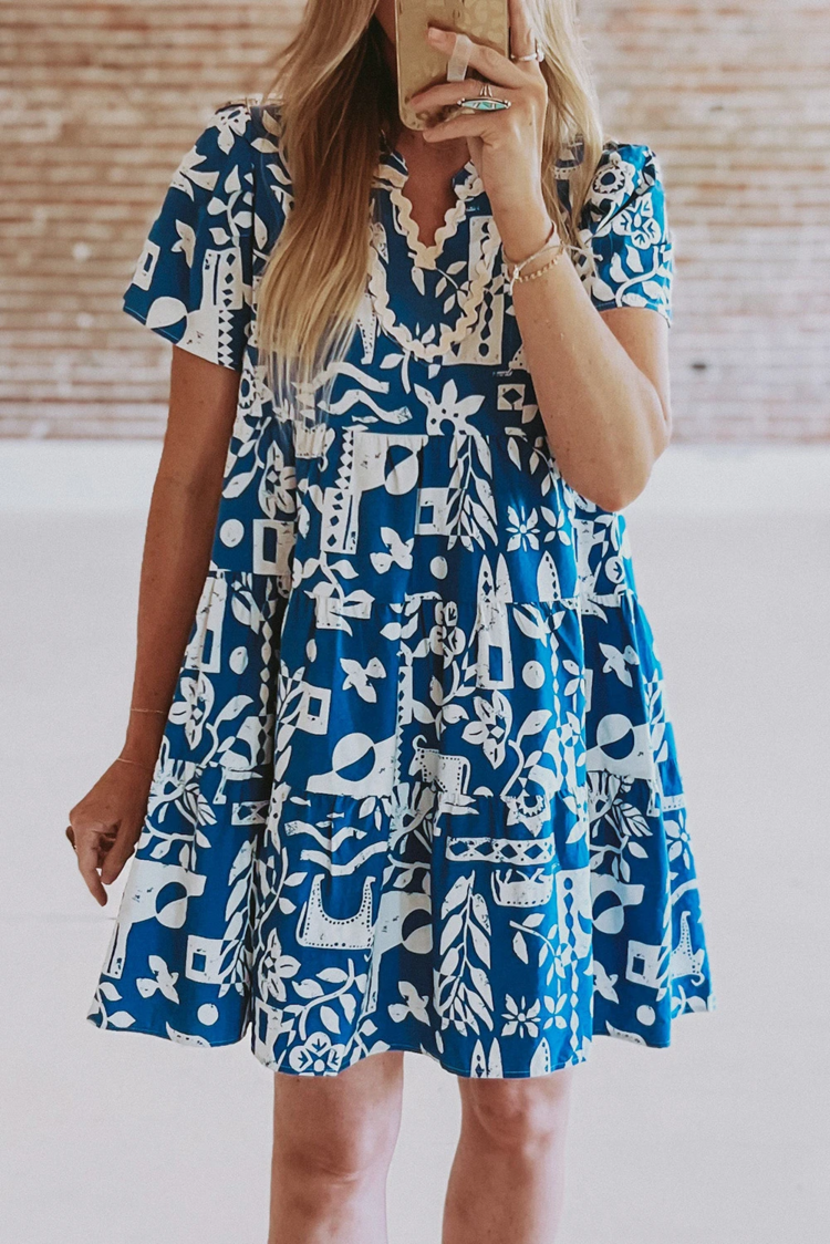 Ricrac Trim Split Neck Floral Loose Dress