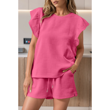 Textured Ruffled Sleeve Tee and Drawstring Elastic Waistband Shorts Set