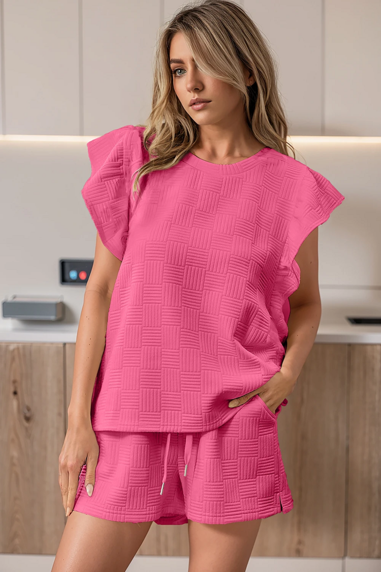 Textured Ruffled Sleeve Tee and Drawstring Elastic Waistband Shorts Set