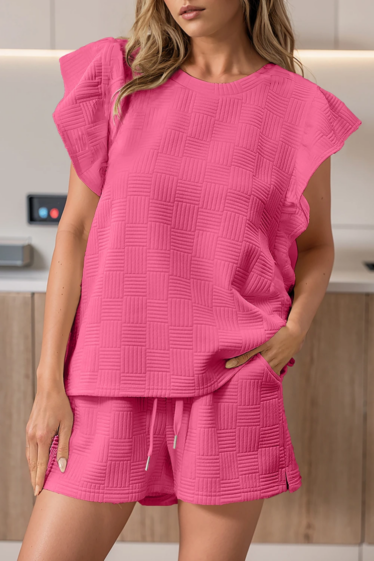Textured Ruffled Sleeve Tee and Drawstring Elastic Waistband Shorts Set