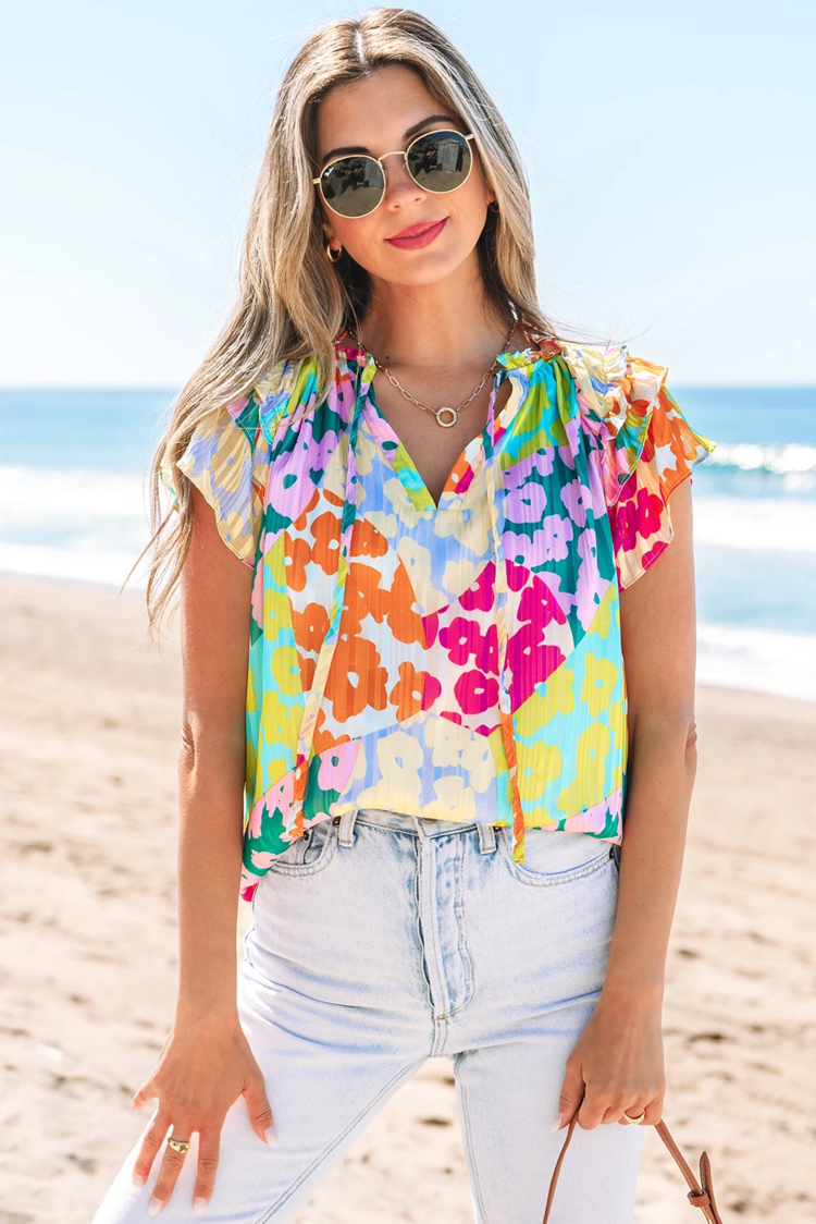 Leopard Flutter Sleeve V Neck Crinkled Blouse