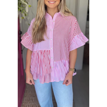 Striped Patchwork Ruffled Hem Button up Shirt