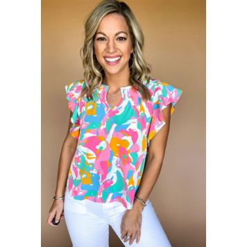 Abstract Print Notched Neck Flutter Sleeve Blouse