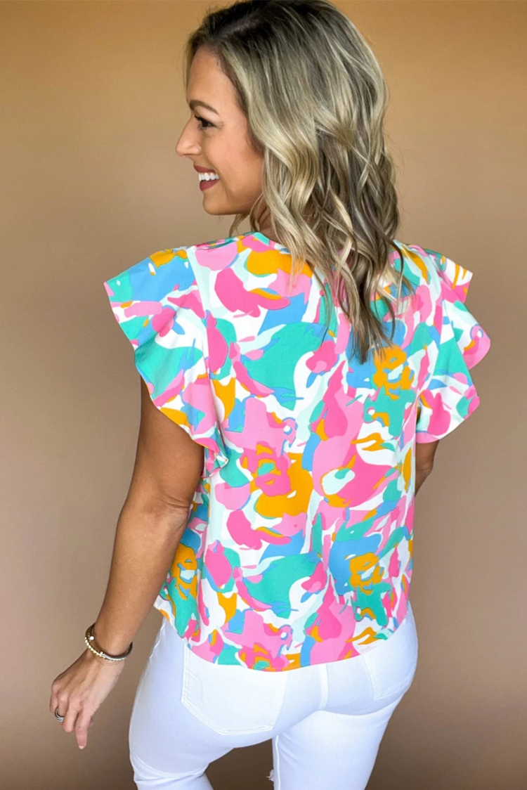 Abstract Print Notched Neck Flutter Sleeve Blouse
