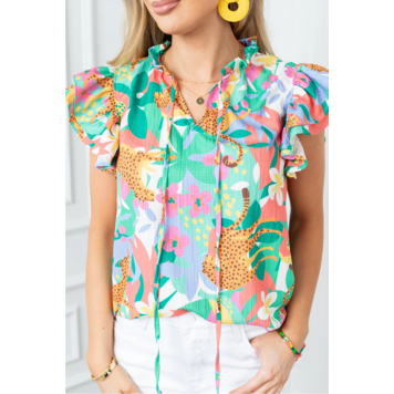 Frilly Ruffle Tie Split Neck Summer Floral Blouse