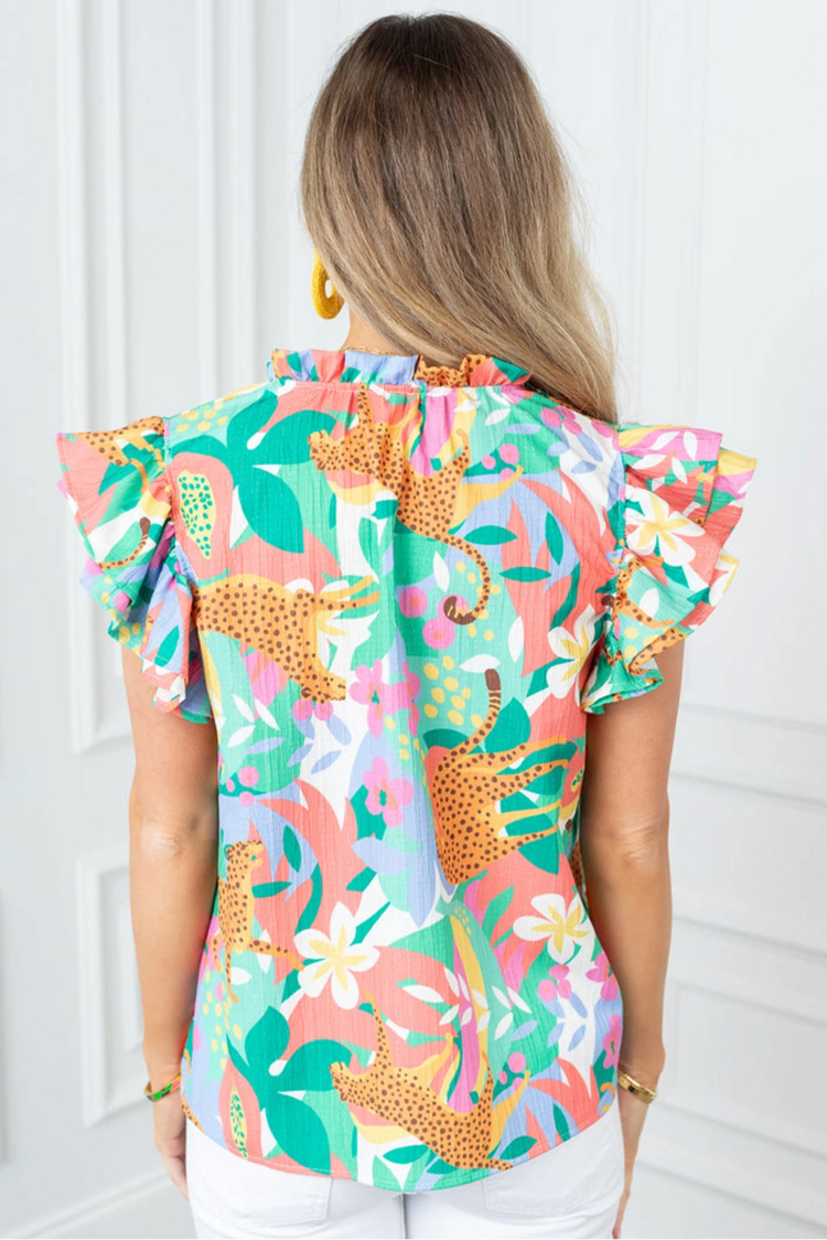 Frilly Ruffle Tie Split Neck Summer Floral Blouse