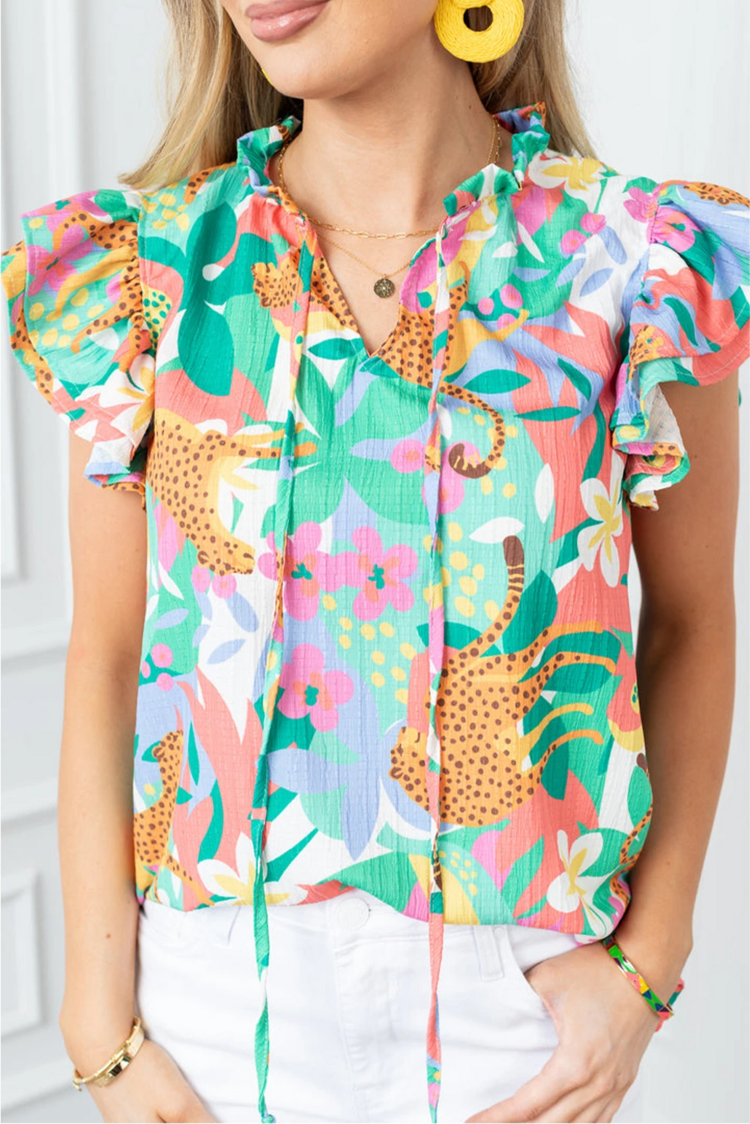 Frilly Ruffle Tie Split Neck Summer Floral Blouse