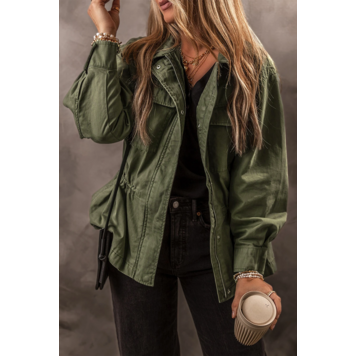 Snap Button Zipper Tight Waist Collared Jacket