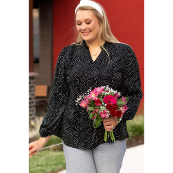 Black with Pin Point Dots Notch V Neck Blouse