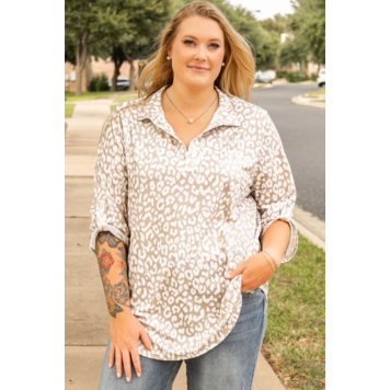 Leopard Tab Sleeve V Neck Plus Size Top