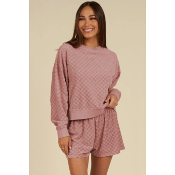 Checkered Textured Long Sleeve Top and Shorts Set
