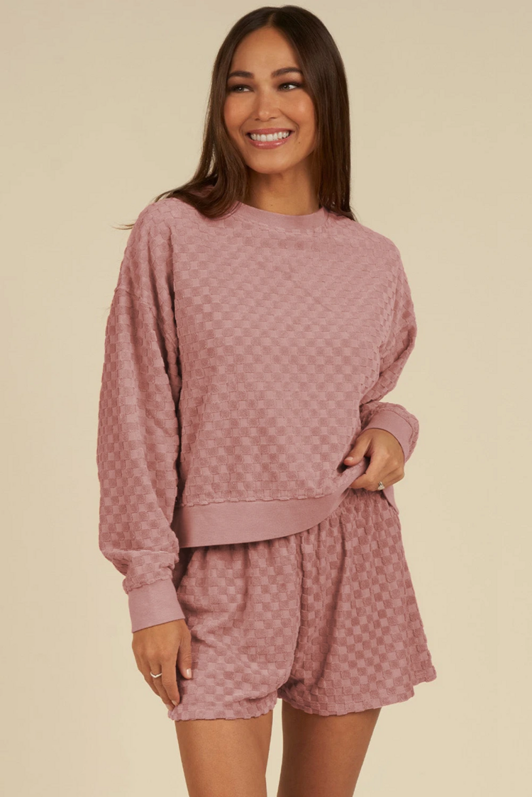Checkered Textured Long Sleeve Top and Shorts Set
