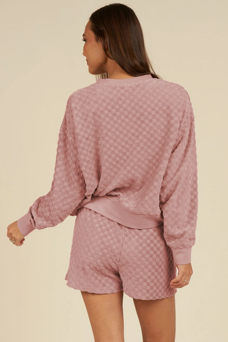 Checkered Textured Long Sleeve Top and Shorts Set