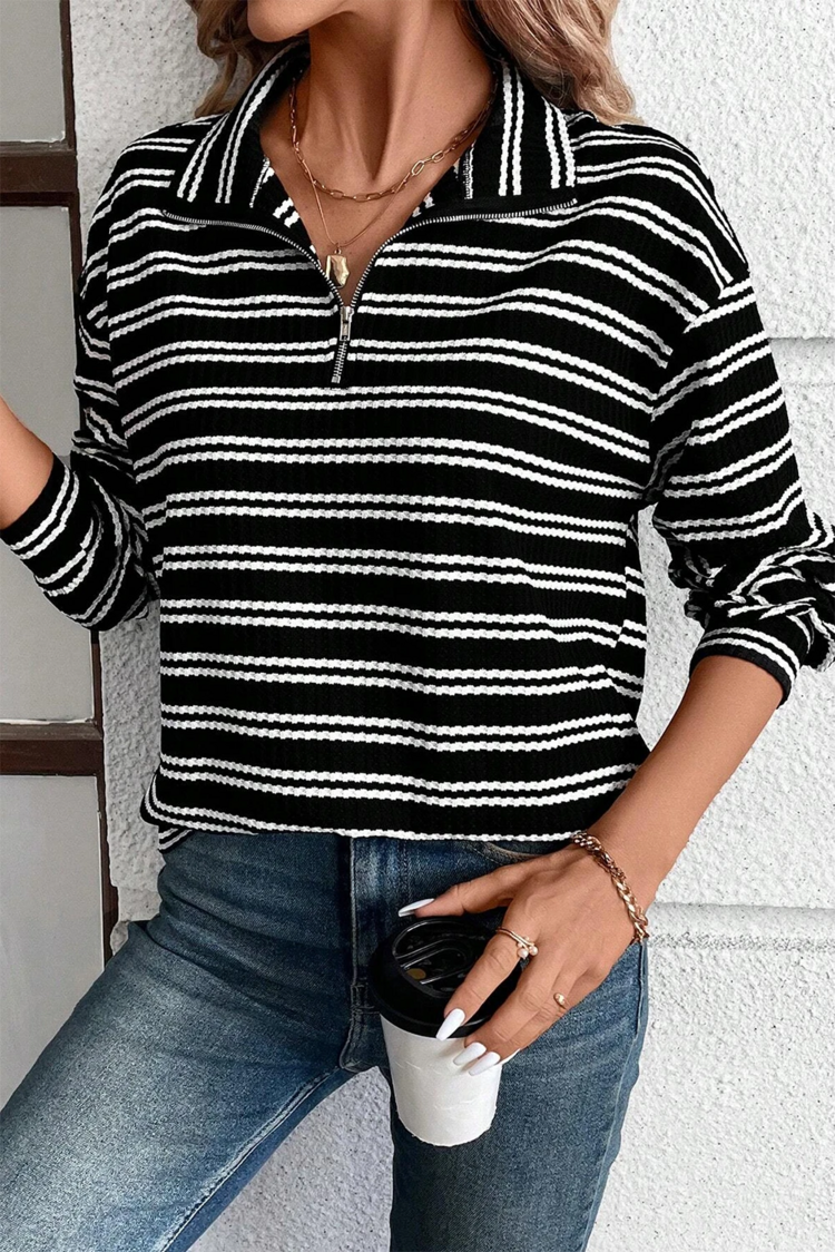 Textured Quarter Zip Collar Long Sleeve Top