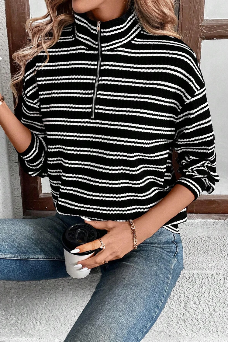 Textured Quarter Zip Collar Long Sleeve Top
