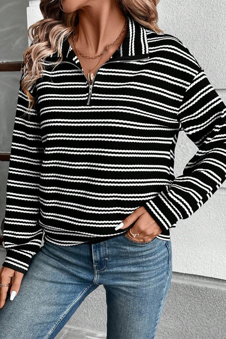 Textured Quarter Zip Collar Long Sleeve Top