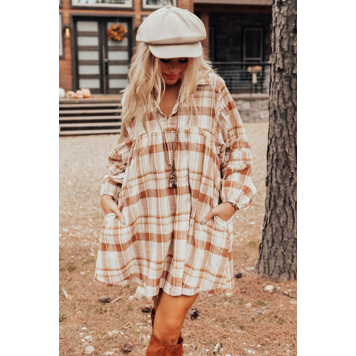 Plaid Print Side Pockets Frilled Babydoll Mini Dress