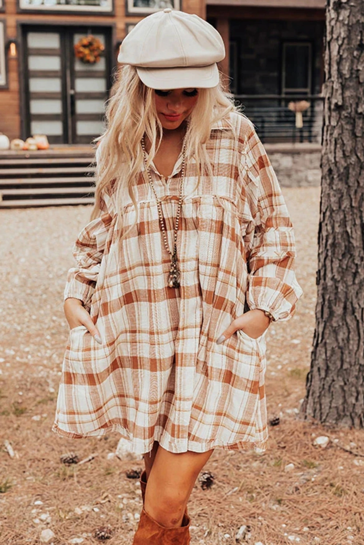 Plaid Print Side Pockets Frilled Babydoll Mini Dress