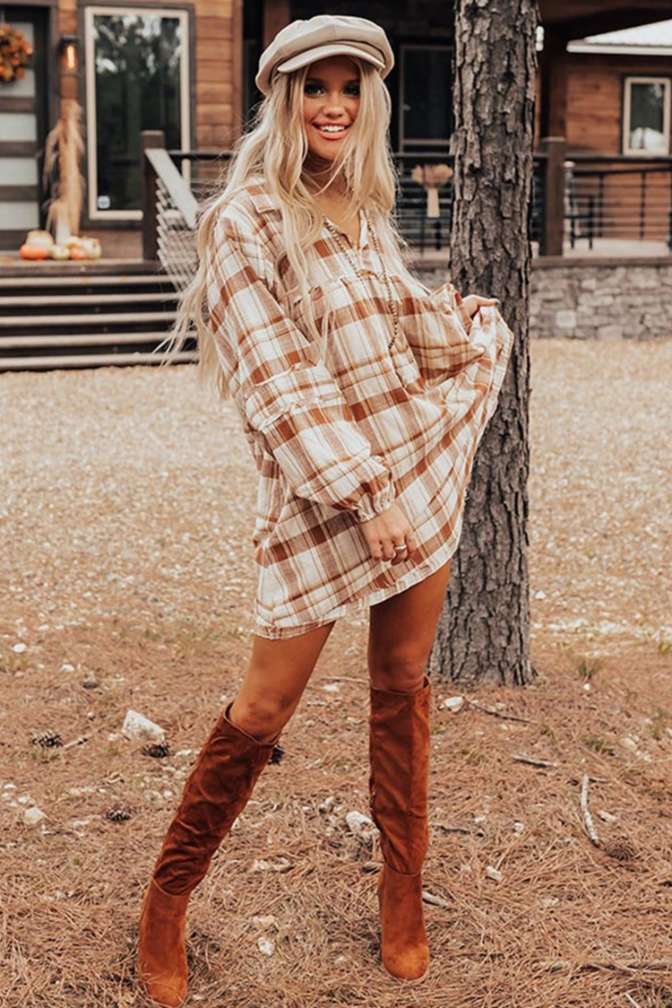 Plaid Print Side Pockets Frilled Babydoll Mini Dress