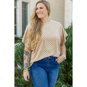Checkerboard Short Batwing Sleeve Round Neck Plus Size T Shirt