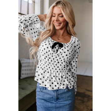 Polka Dot Puff Sleeve Bow Square Neck Peplum Top