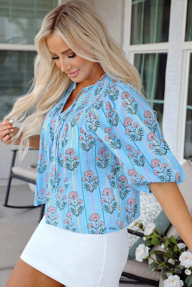 Floral Striped Print Shirred Yoke Split Neck Blouse