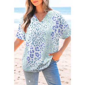 Mixed Leopard Print V Neck Short Sleeve Blouse
