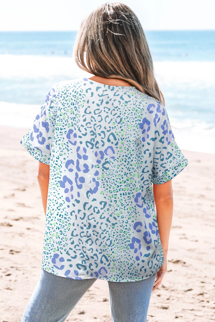 Mixed Leopard Print V Neck Short Sleeve Blouse