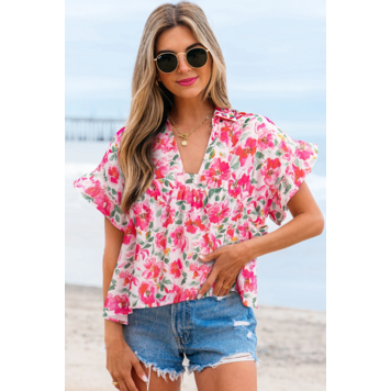 Floral Boxy Fit Ruffled Short Sleeve V Neck Blouse