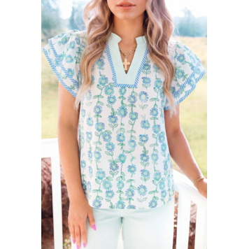 Floral Print Striped Detail Contrast V Neck Patchwork Flutter Sleeve Blouse