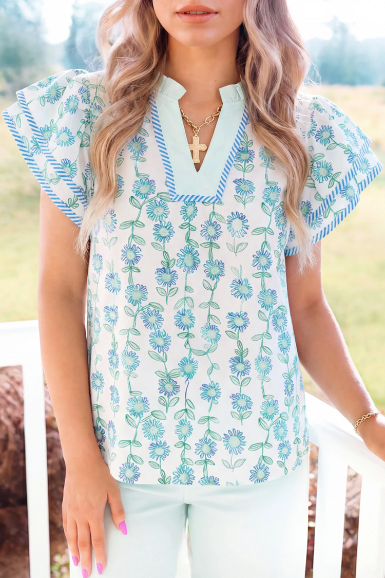 Floral Print Striped Detail Contrast V Neck Patchwork Flutter Sleeve Blouse