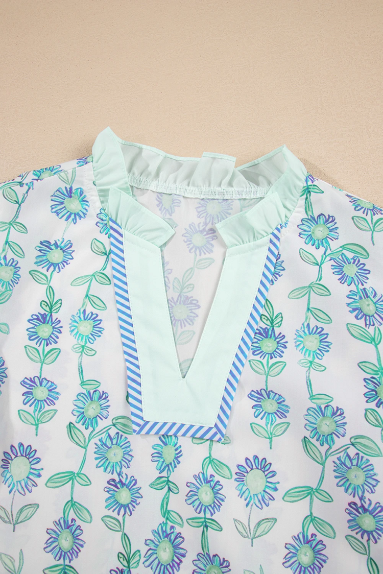 Floral Print Striped Detail Contrast V Neck Patchwork Flutter Sleeve Blouse