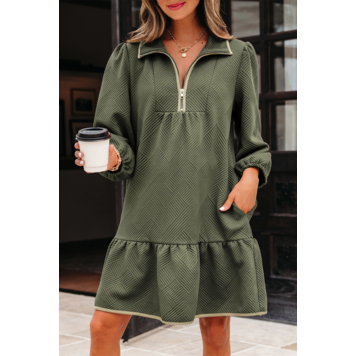 Quarter Zip Collar Bracelet Sleeve Textured Mini Dress