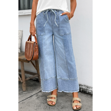 Drawstring Seam Detail Raw Hem Wide Leg Denim Pants