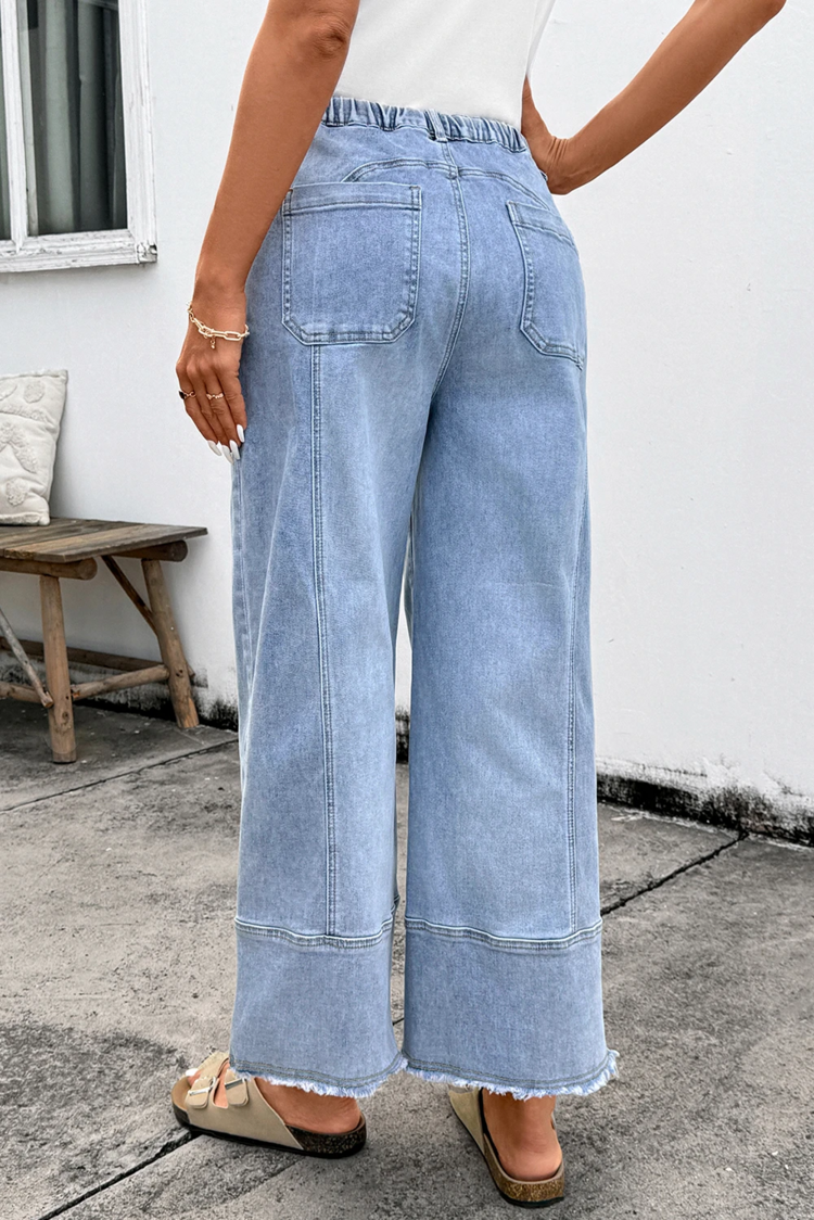 Drawstring Seam Detail Raw Hem Wide Leg Denim Pants
