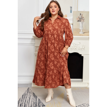 Textured 3D Flower Pattern Ruffle Hem 3/4 Sleeve Long Dress