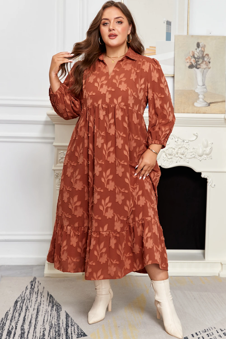 Textured 3D Flower Pattern Ruffle Hem 3/4 Sleeve Long Dress