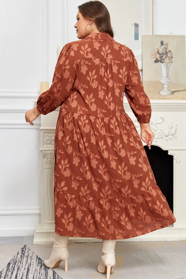 Textured 3D Flower Pattern Ruffle Hem 3/4 Sleeve Long Dress