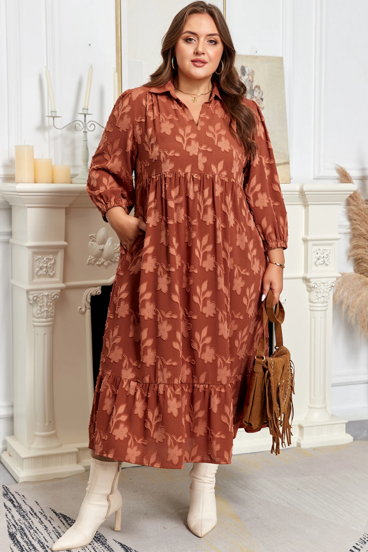 Textured 3D Flower Pattern Ruffle Hem 3/4 Sleeve Long Dress