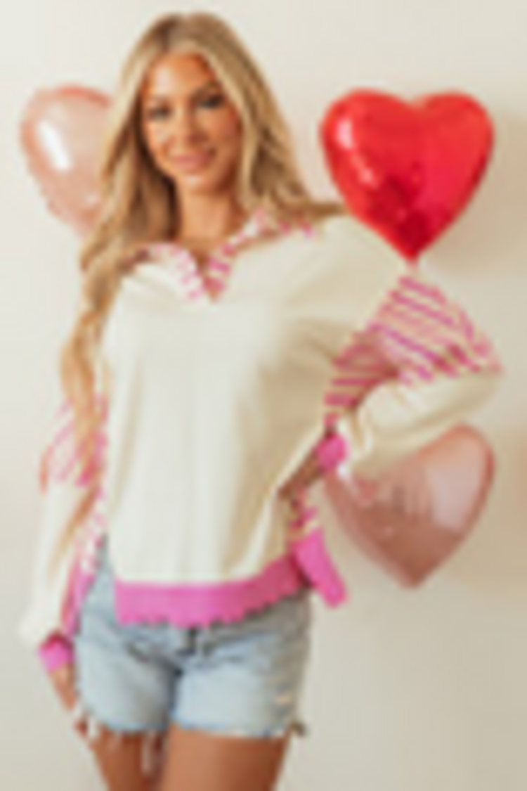 Stripe Colorblock Patchwork Collared French Terry Knit Top