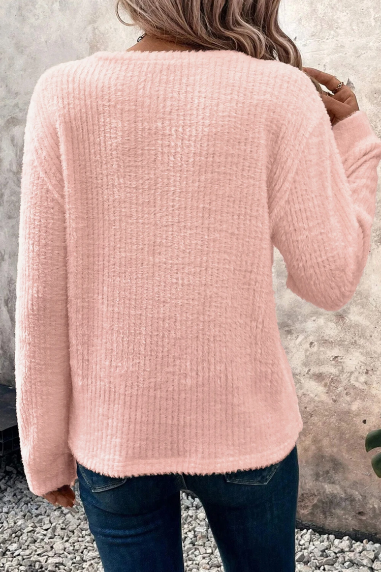 Fuzzy Ribbed Texture Round Neck Long Sleeve Top