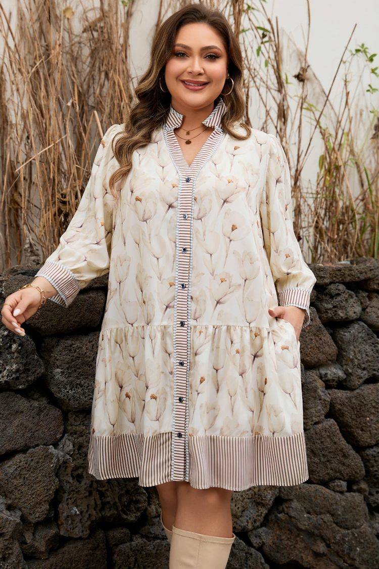 Floral Print Striped Trim Patchwork Button Down A-line Dress