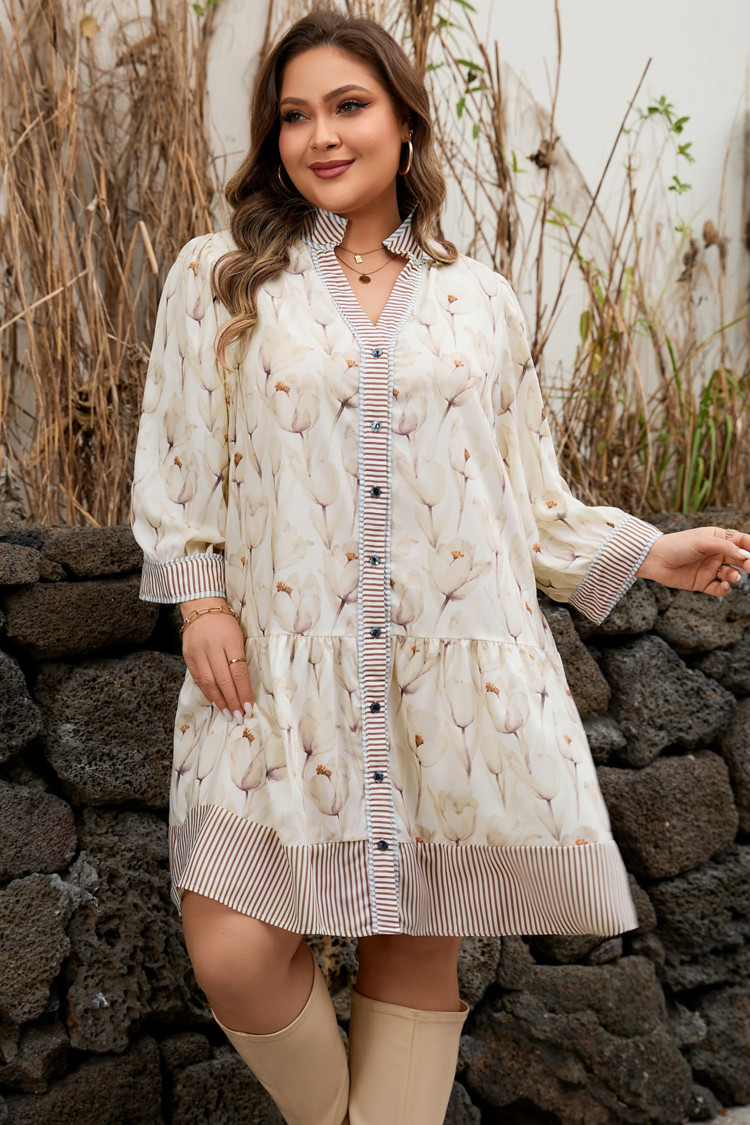 Floral Print Striped Trim Patchwork Button Down A-line Dress