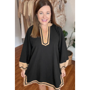 Color Block Striped Trim V Neck Long Sleeve Shift Mini Dress
