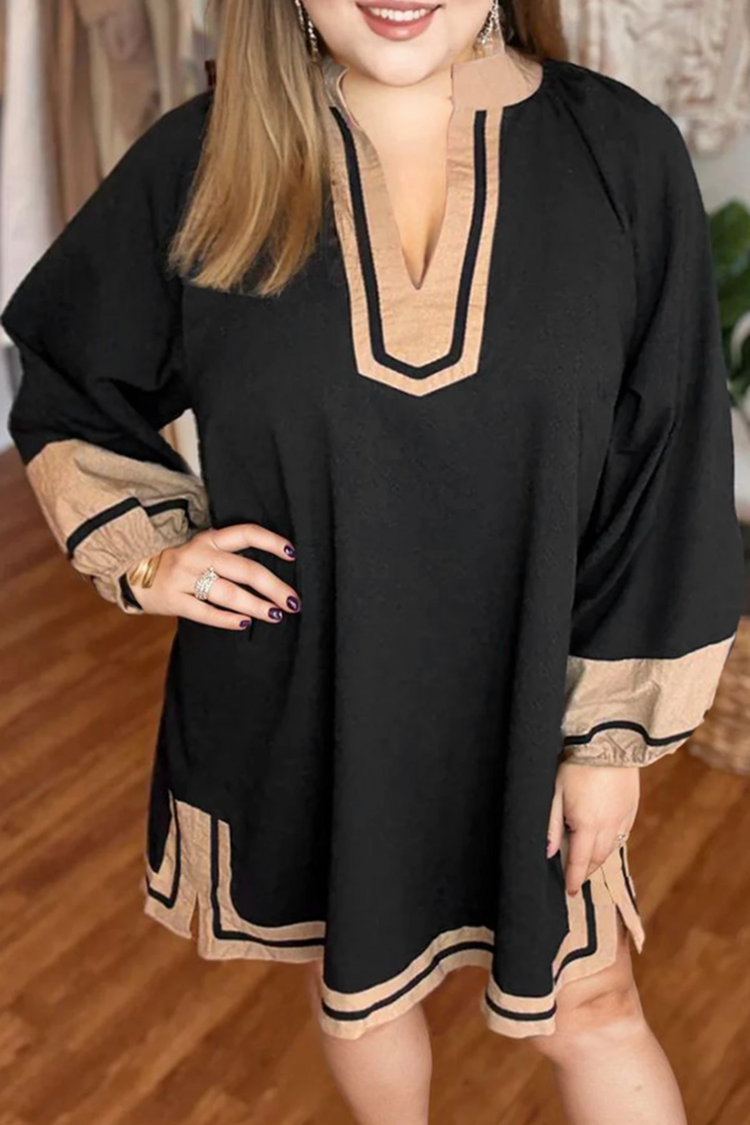 Color Block Striped Trim V Neck Long Sleeve Shift Mini Dress